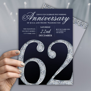 Invitation 62e Anniversaire Moderne Bleu Marine Argent Diaman