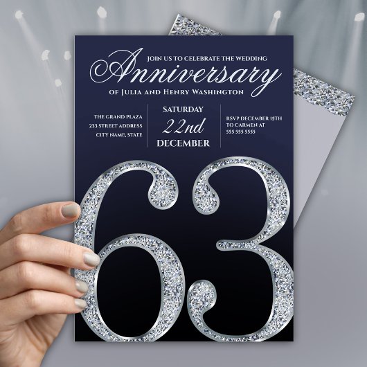Invitation 63e Anniversaire Moderne Diamant Argent Bleu Marin