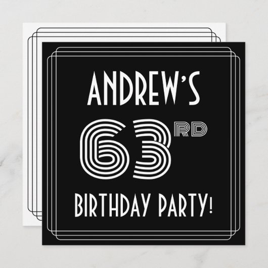 Invitation 63rd Birthday Party: Art Deco Style w/ Custom Name (Devant / Derrière)