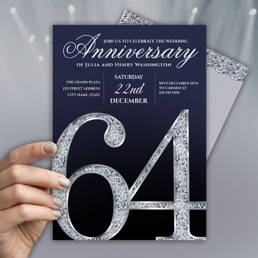 Invitation 64e Anniversaire Moderne Bleu Marine Argent Diaman