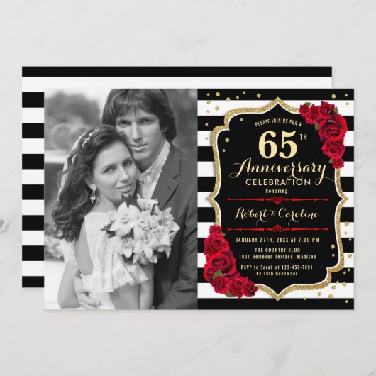 Invitation 65e anniversaire avec photo - Or Noir Rouge (Devant / Derrière)