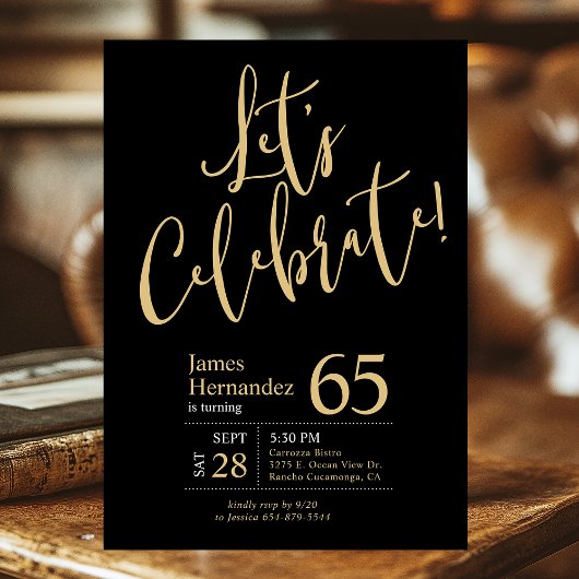 Invitation 65e anniversaire Célèbrons en noir et or