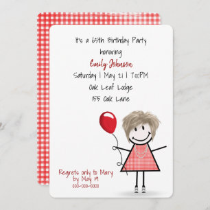 Invitation 65e anniversaire de fête fille avec ballon rouge