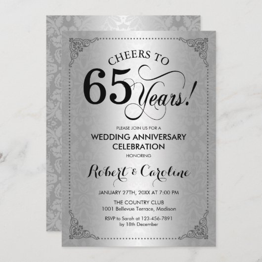 Invitation 65e anniversaire de mariage - Damassé noir argenté (Devant / Derrière)