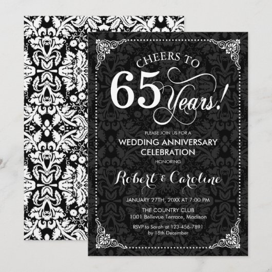 Invitation 65e anniversaire de mariage - Damassé noir et blan (Devant / Derrière)