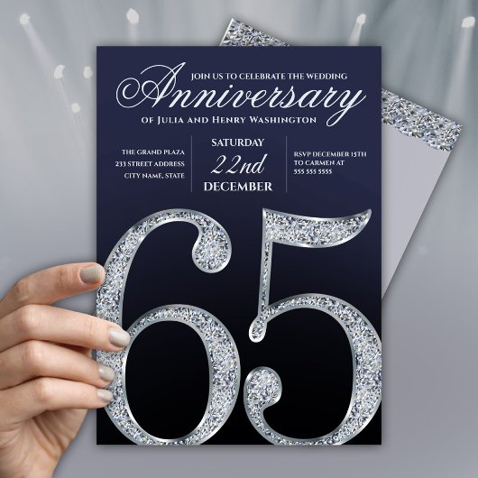 Invitation 65e Anniversaire Diamant Argent Bleu Marine Modern