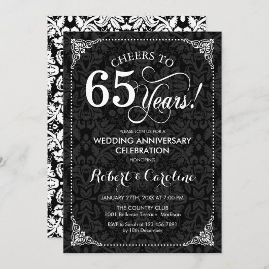 Invitation 65e anniversaire du Mariage - Damas noir blanc (Devant / Derrière)