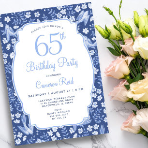 Invitation 65e Anniversaire Élégant Féminin Floral Oiseau Ble