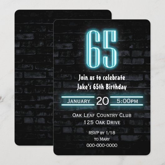 Invitation 65e anniversaire fête néon Connexion en brique (Devant / Derrière)