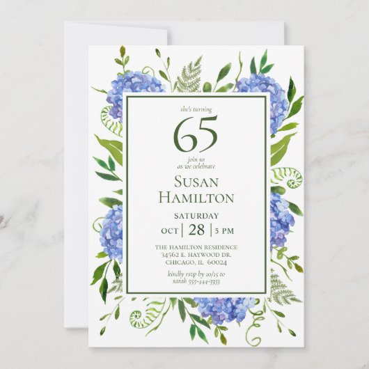 Invitation 65e Anniversaire Hydrangeas Bleus (Devant)