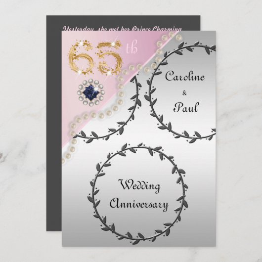Invitation 65e anniversaire Mariage Embossed Silver Rose or (Devant / Derrière)