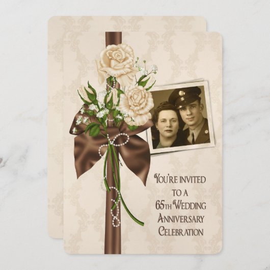 Invitation 65e anniversaire Mariage Roses (Devant / Derrière)