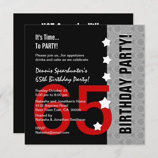 Invitation 65e Anniversaire Moderne Argent Rouge Noir Funny D (Devant / Derrière)
