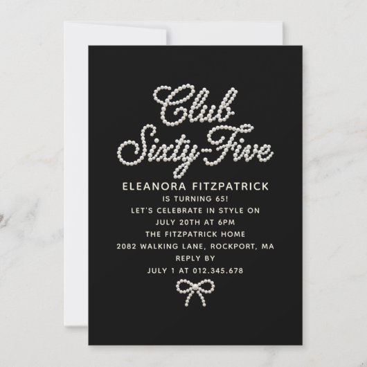 Invitation 65e Anniversaire Noir Blanc Perle Script Nœud (Devant)