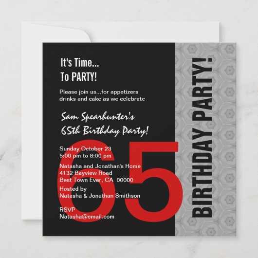 Invitation 65e anniversaire ou toute année Noir d'argent roug (Devant)