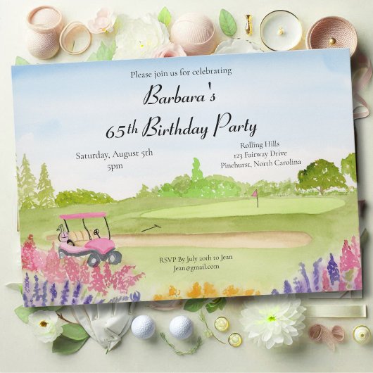 Invitation 65e anniversaire Party Pink Golf Cart Golf Course