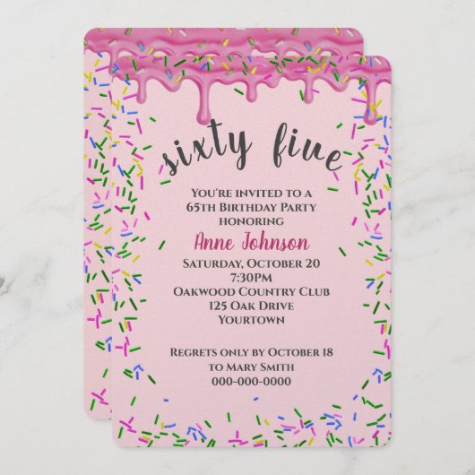 Invitation 65e Anniversaire Pink Icing Et Sprinkles (Devant / Derrière)