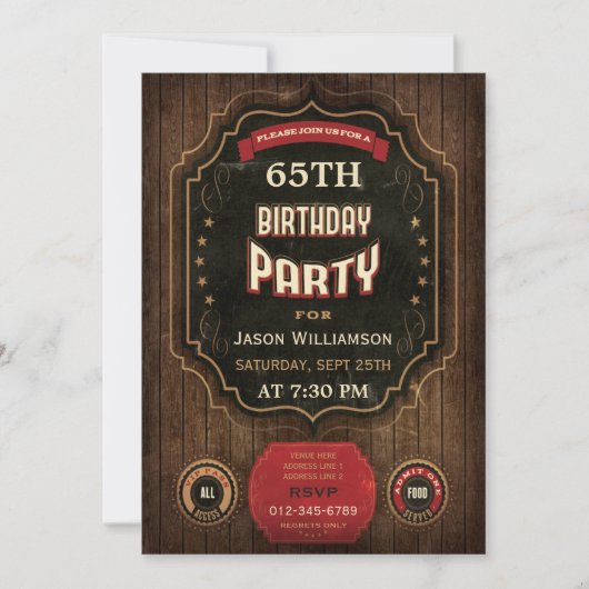 Invitation 65e anniversaire Vintage Chalkboard & Wood (Devant)