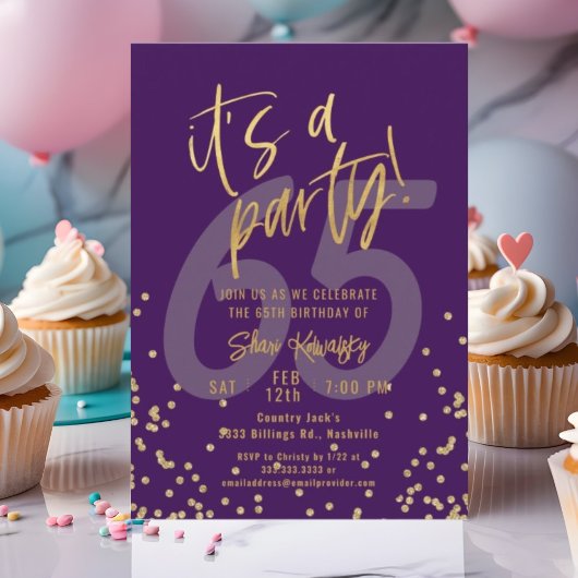 Invitation 65e fête d'anniversaire Violet et Or Fun