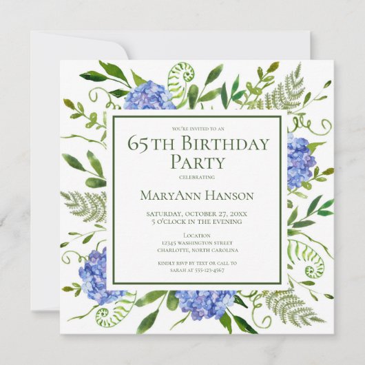 Invitation 65th Birthday Blue Hydrangeas Card Request  (Devant)