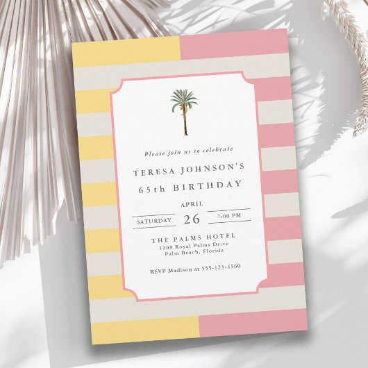 Invitation 65th Birthday Palm Beach Pastel Stripe Tropical