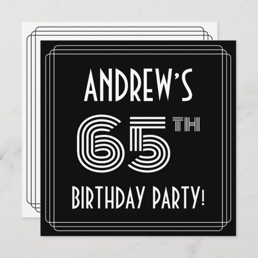 Invitation 65th Birthday Party: Art Deco Style w/ Custom Name (Devant / Derrière)