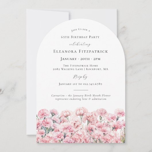 Invitation 65th Birthday Pink Carnation January Birth Flower (Devant)