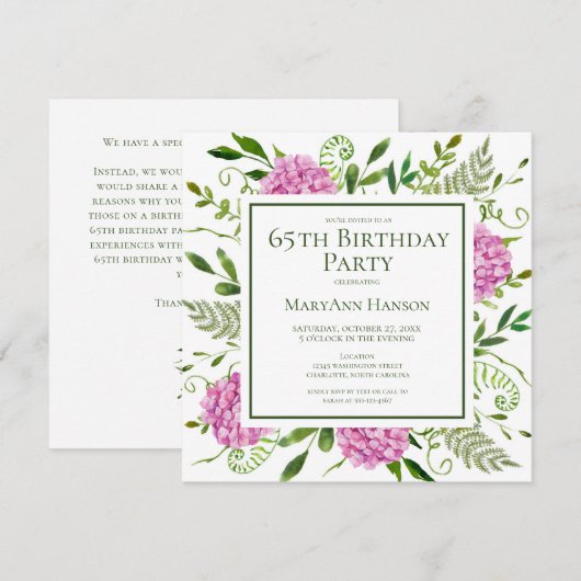 Invitation 65th Birthday Pink Hydrangeas Card Request (Devant / Derrière)