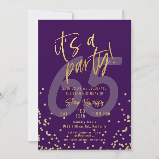 Invitation 65th Purple and Gold Fun Birthday Party (Devant)