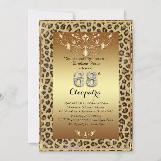 Invitation 68e, fête d'anniversaire 68e, or Royal Cheetah plu (Devant)