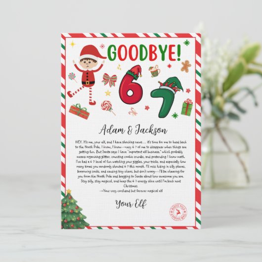 Invitation 6 7 elf goodbye letter - funny elf letter - 67 (Debout devant)
