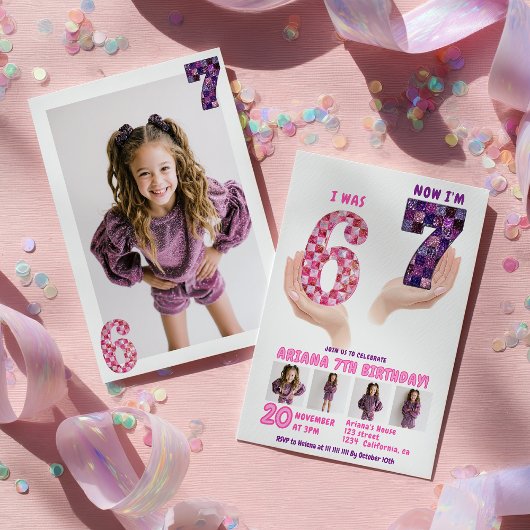 Invitation 6 7 Meme Retro Pink Purple Checker Kids Birthday