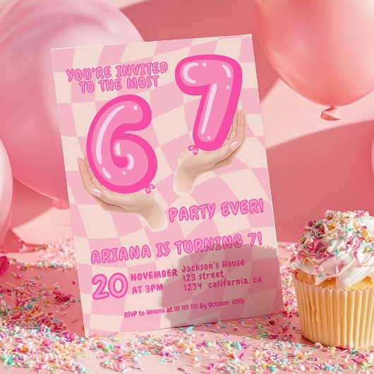 Invitation 6 7 Meme Trend Six Seven Birthday party Retro Pink