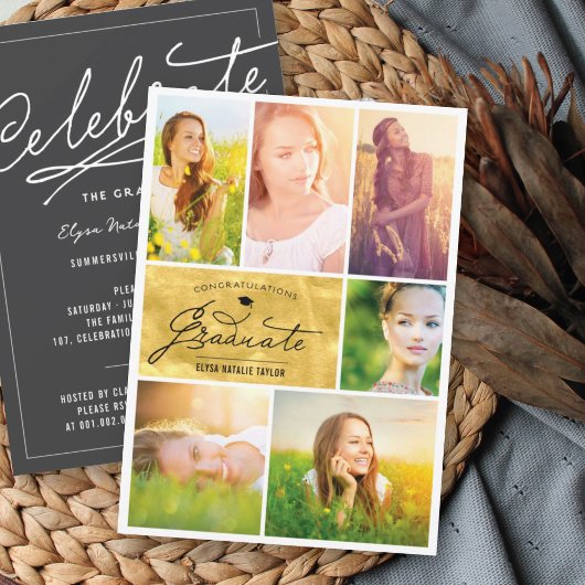 Invitation 6 Photo Collage Gold Foil Parti de graduation tend