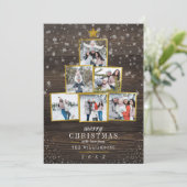 Invitation 6 photos Arbre de Noël Gold| Bois rustique et neig (Debout devant)