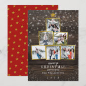 Invitation 6 photos Arbre de Noël Gold| Bois rustique et neig (Devant / Derrière)