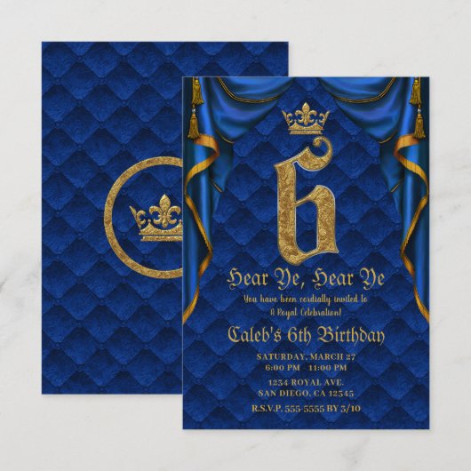 Invitation 6E 6 SIX Fête d'anniversaire Royal Blue Gold Crown (Devant / Derrière)