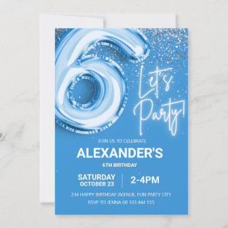 Invitation 6e anniversaire Ballons Boy Blue Neon