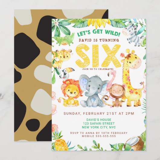 Invitation 6e anniversaire fête Animaux Zoo Jungle Safari mig (Devant / Derrière)