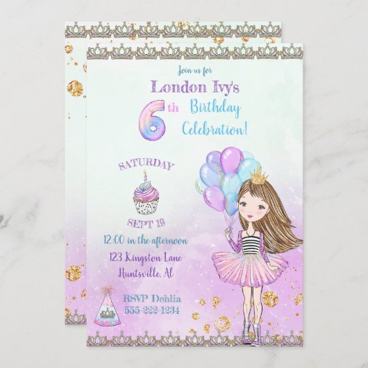 Invitation 6e anniversaire fille princesse Cupcake Ballons (Devant / Derrière)