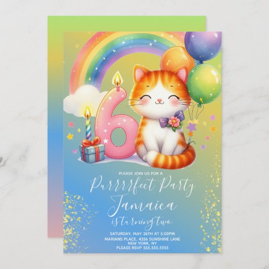 Invitation 6e anniversaire Kitten Rainbow Party (Devant / Derrière)