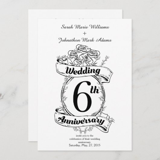 Invitation 6E anniversaire Mariage Roses (Devant / Derrière)