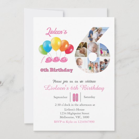 Invitation 6e anniversaire photo collage numéro 6 Fille (Devant)