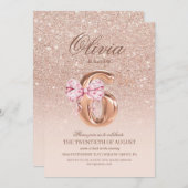 Invitation 6e anniversaire Rose rose or bow fête d'anniversai (Devant / Derrière)