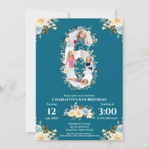 Invitation 6e anniversaire Turquoise Fleur photo Collage bleu