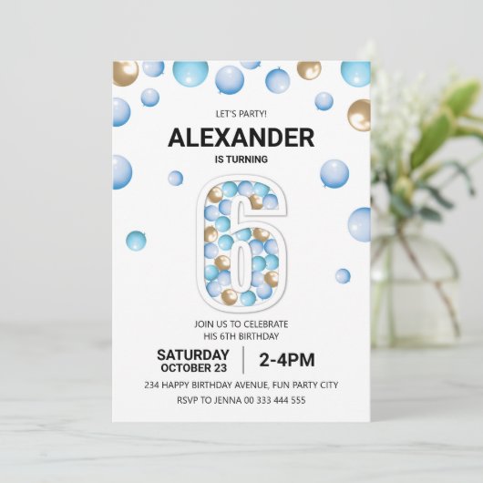 Invitation 6e fête d'anniversaire, Blue and Gold Balloon Boy (Debout devant)