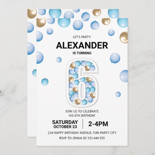 Invitation 6e fête d'anniversaire, Blue and Gold Balloon Boy (Devant / Derrière)