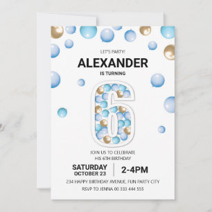 Invitation 6e fête d'anniversaire, Blue and Gold Balloon Boy