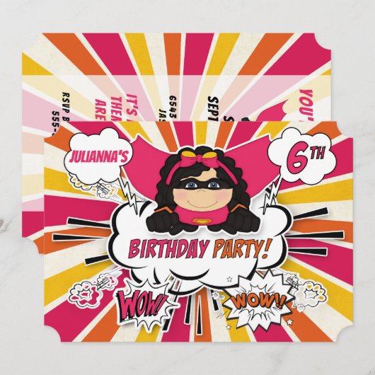 Invitation 6e fête d'anniversaire filles Superhero Pink Comic (Devant / Derrière)