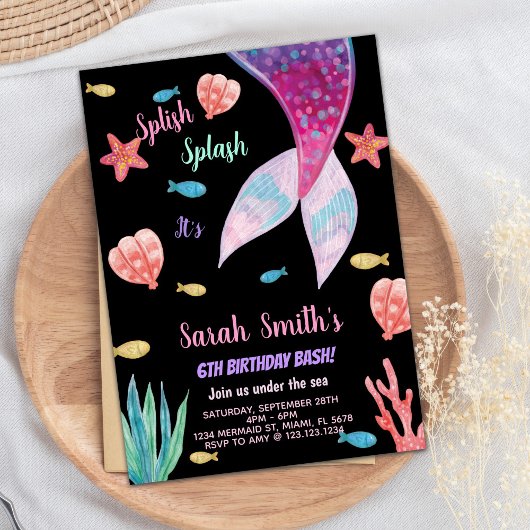 Invitation 6ème Dark Pink sur le dessus mermaid Anniversaire